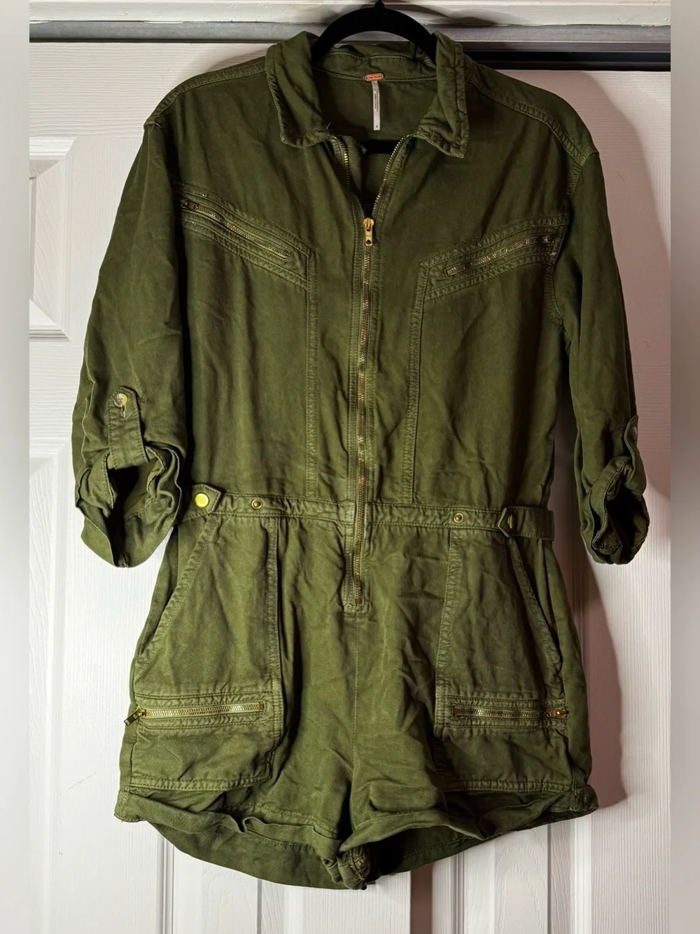 Free People Olive Green Zipper Utility Romper - Size 6 - Picture 4 of 7